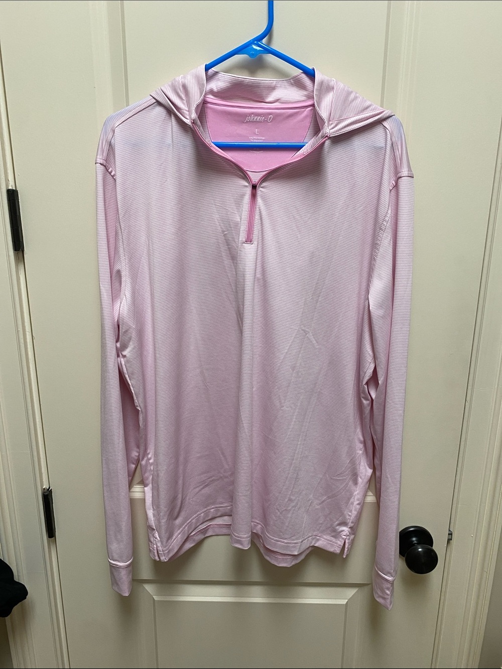 johnnie-O Light Pink and white striped Half-Zip Hooded Performance Pullover